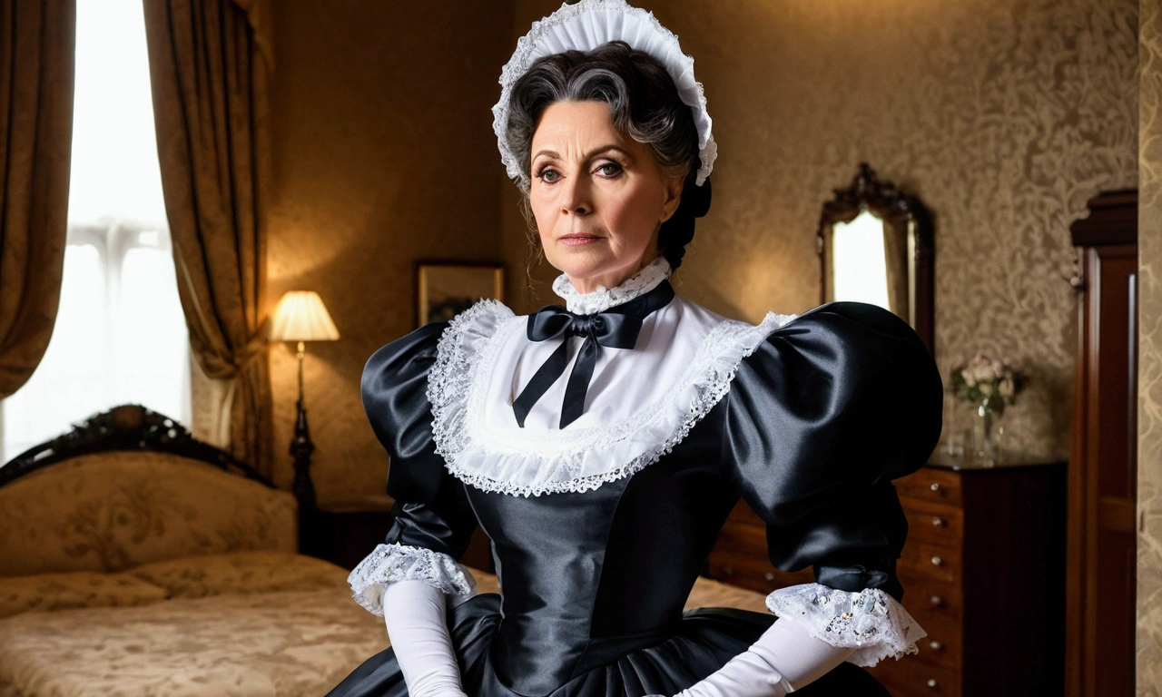 attractive mature friendly brunette lady with bold makeup and fantastic figure wearing a very stringent period correct Victorian maid uniform with massive crinoline, high neckline, tall collar and puff sleeves. heavy duty stiff shiny black satin and frilly white lace. at Carlton Towers guest suite. oblique view