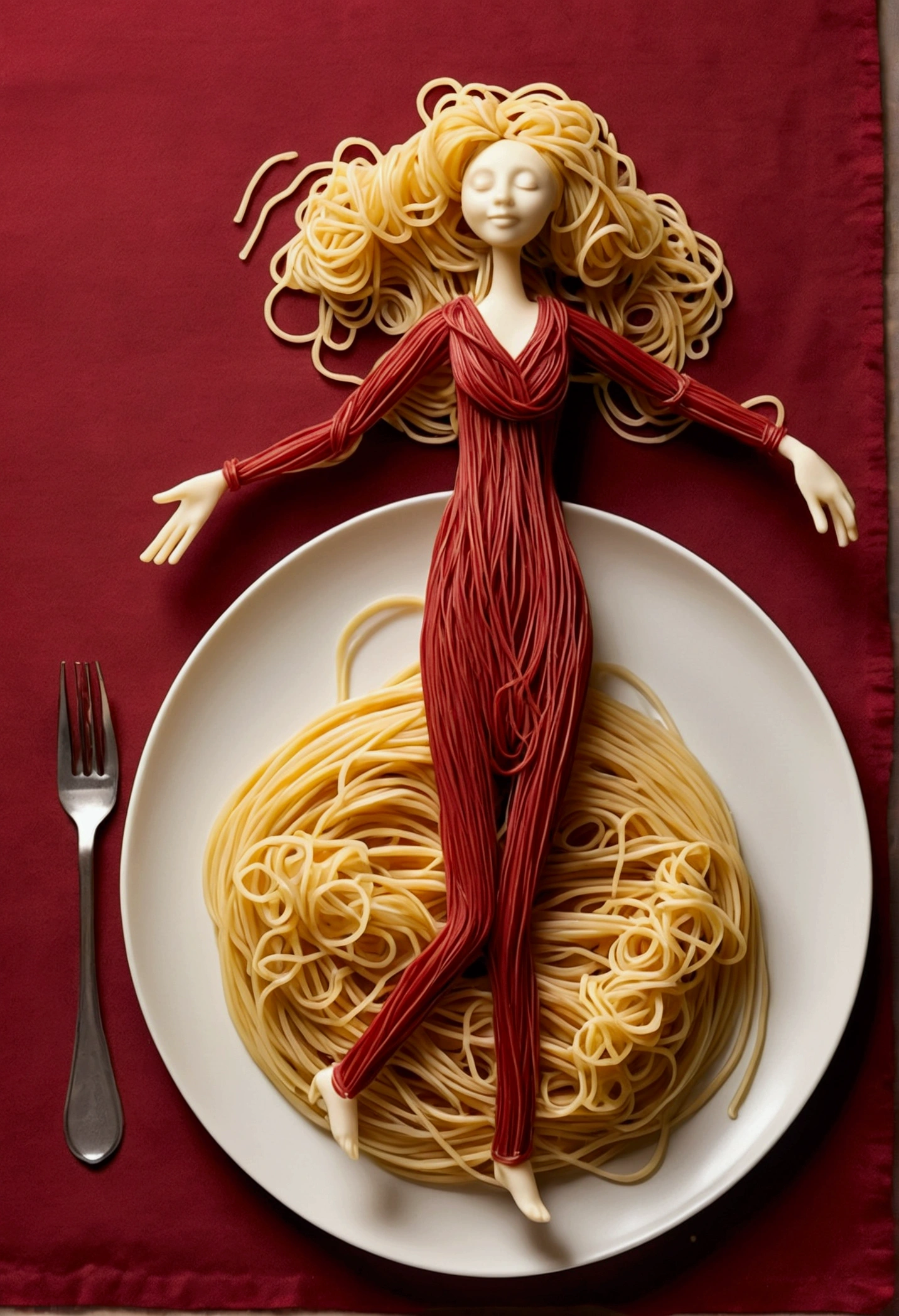 Create a whimsical and artistic scene featuring a single human-like figure made entirely of spaghetti. This figure should appear to be dancing gracefully on a plate. The background should depict a cozy kitchen setting with warm, ambient lighting, creating a romantic and intimate atmosphere. Include elements such as a glass of red wine and a beautifully set table to enhance the mood.