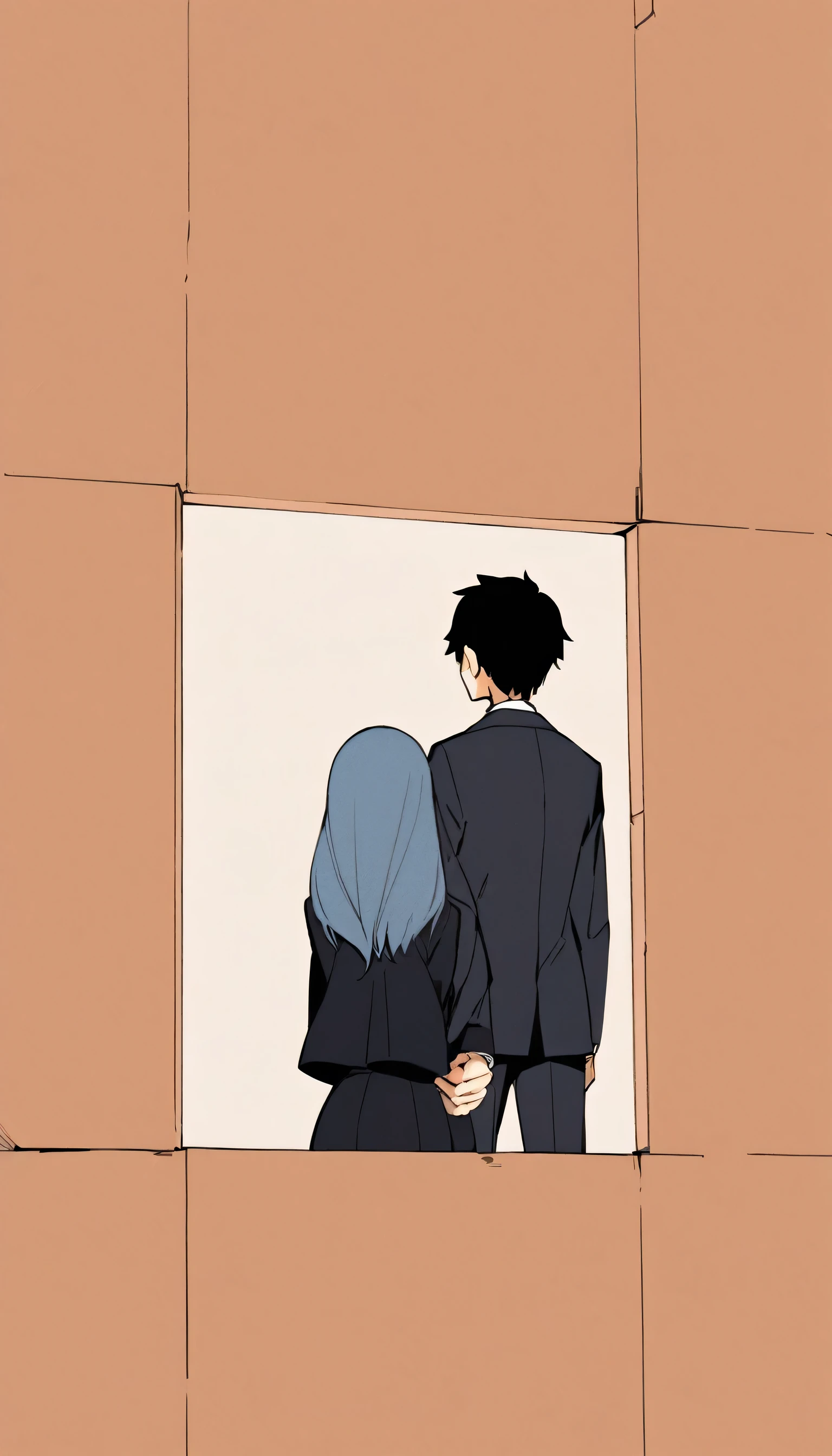 A boy in a suit，With a woman with her back to a thick square wall，