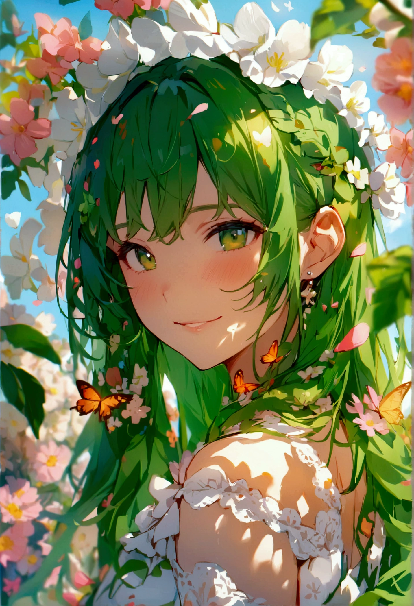 (masterpiece)、(best quality)、The face is rich in detail、Anime Girl、1 girl、Green ta Dress、Long hair、Lots of flowers、Butterfly、petal、Smile