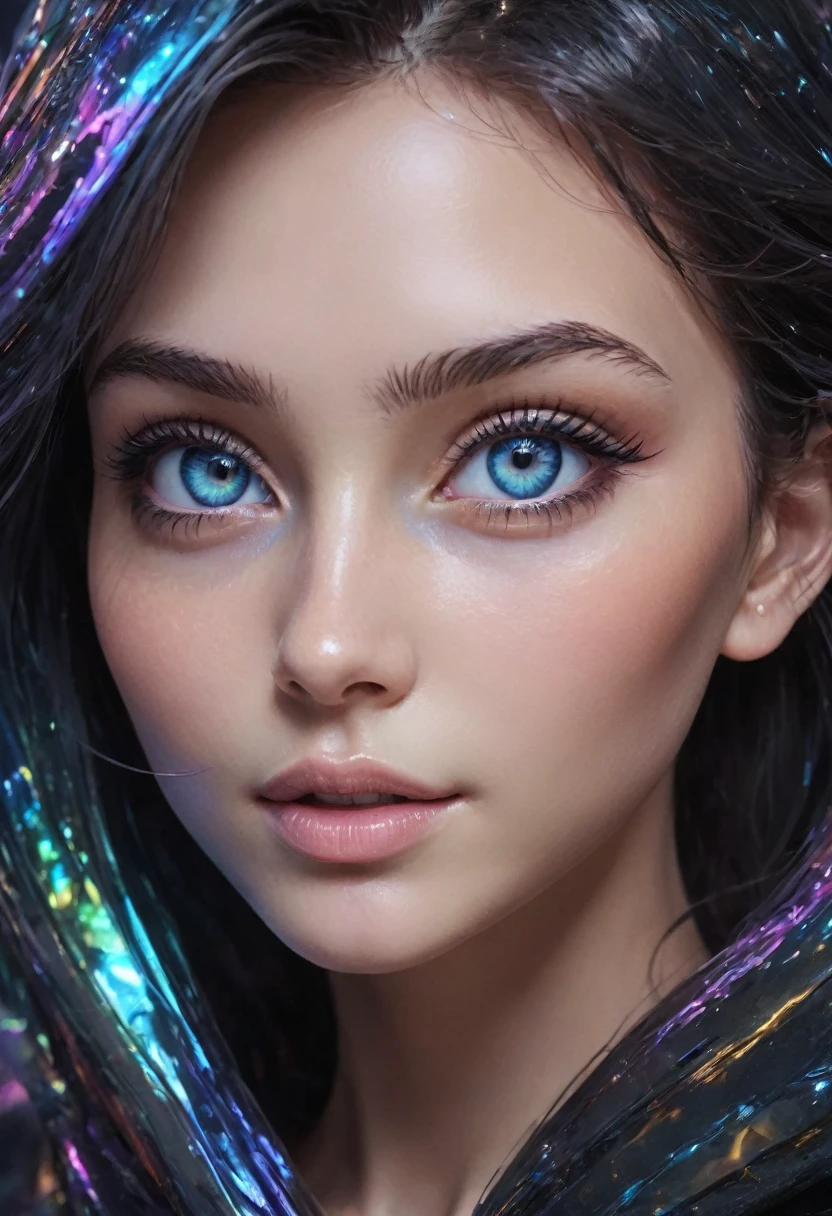 Une femme sublime d’une intense sensualité, Maginifique, cheveux longs de couleur noirs profond, ses yeux bleus ont l'image de holographic earth, eye-liner noir, regard intense et vif,  inspire une grande confiance en elle,  légé sourire, poitrine ronde et galbée effet push-up, robe en satin