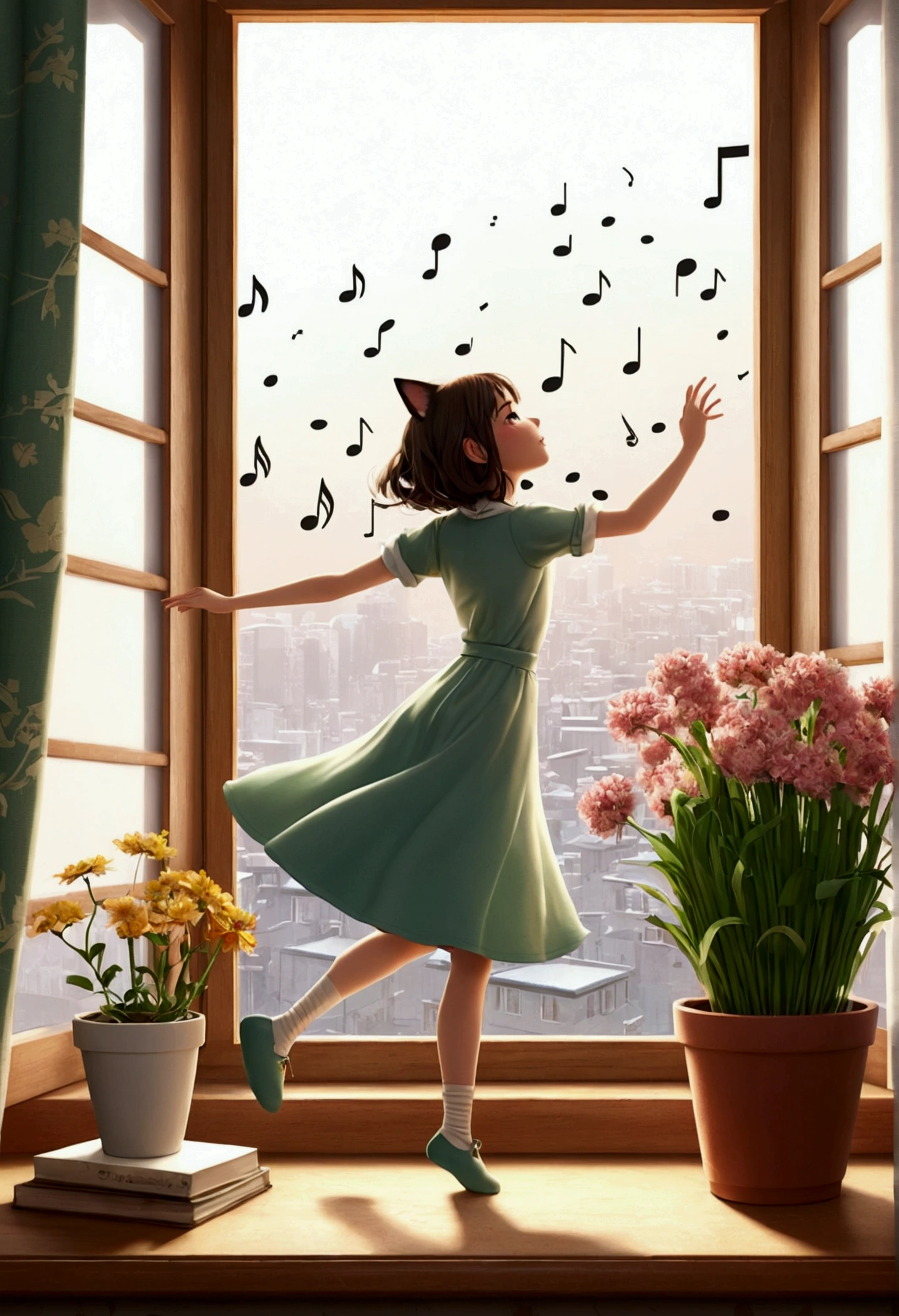 Table Top, Top Quality, Table Top, Top Quality, Official Art, Highly Detailed CG Unity 8K Wallpaper, Subtle Retro Colors, Rice Print Style, Illustration, Cute, One Girl, Flowers, Window, Flowerpot, Coffee Drink,. Lots of illustrations of musical notes on the windowsill.cat,dancing girl,Illustration of musical notes on the windowsill,girl and cat dance