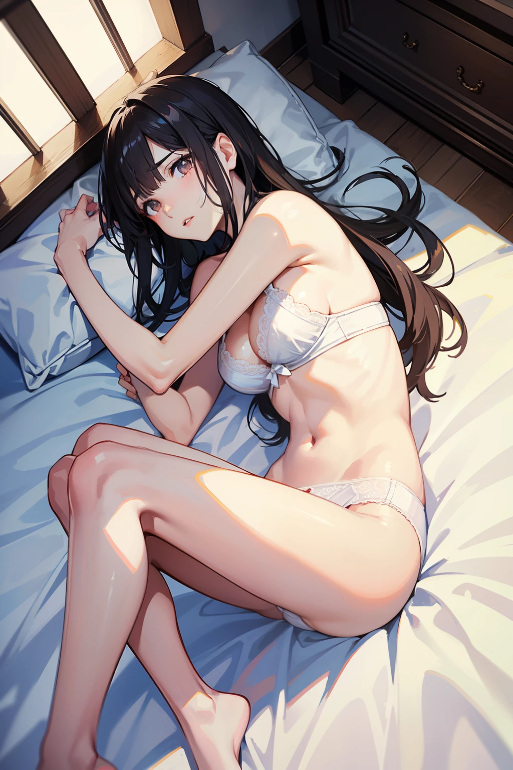 (Shot from above), Highest quality、beautiful girl, (High school girls)、White sheets, (( Girl lying down)), , 8k、RAW Photo、（skin：1.2）、Ultra-high resolution、（lens：50mm）、（F/1.2）、Beautiful Face, ((Look to the side, Hair gets messy)), light makeup, Slender body, (Small breasts, Beautiful body lines, Beautiful breastsのライン, Beautiful leg lines), （Delicate eyelashes), （Embarrassed：1. 2), (Red cheeks, Close your lips), ((Close ~ eyes)), (Frowning), 16 years oldair,(Messy bangs), beautiful girl, 16 years old, Very beauthite underwear, ((Beautiful breasts元)), Beautiful body lines, (Beautiful breasts, Lace Underwear),((White underwear)),(White panties), Beautiful body lines, Shallow depth of field, White wall, Bright windowsill, Shot from above, (Knees together、Spread your legs), White sheets