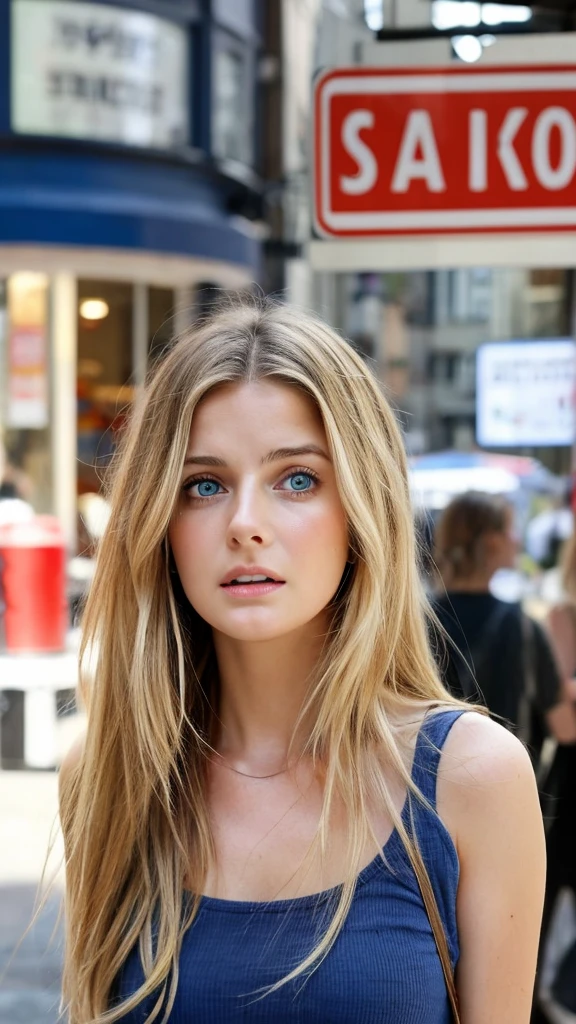 Emily, a young woman with clear blue eyes and a terrified expression, is crying out loud. She has long, blonde hair styled in a casual, tousled look with natural waves and a healthy shine. She is dressed in a summer tank top. She is standing and looking at a bill with a large amount due, appearing shocked. The background is filled with images of financial stress and warning signs.