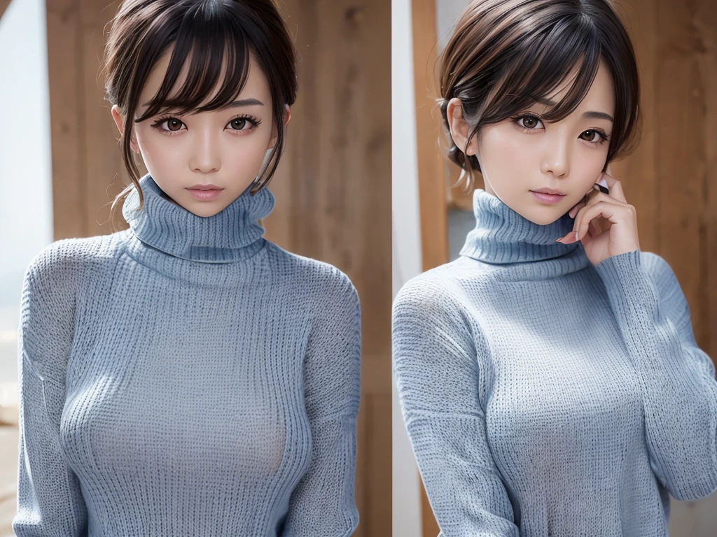 (((masterpiece, best quality,ultra-detailed,8k,high resolution))), (upper body),24 years old ,Japanese girl, 1girl, short hair, (Cover half face with a turtleneck sweater:1.9)