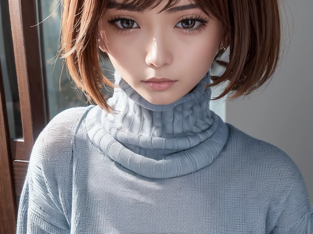 (((masterpiece, best quality,ultra-detailed,8k,high resolution))), (upper body),24 years old ,Japanese girl, 1girl, short hair, (Cover half face with a turtleneck sweater:1.7),grabbing turtleneck collar, 
Half a face out of a sweater