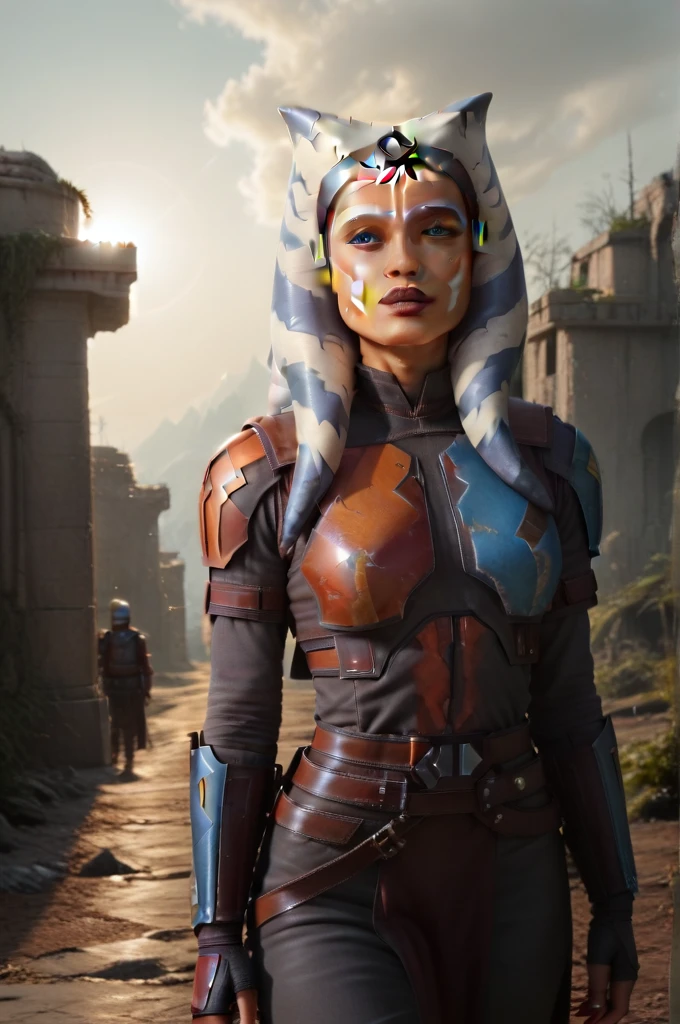 a ((fall body)) ((Ahsoka))) (()) (())mandalorian,walking on snow coverd ruins , ((green fire eyes )) , beautiful detailed eyes, beautiful detailed lips, extremely detailed face, long eyelashes, mandalorian armor, sci-fi, cinematic lighting, dramatic, epic, intricate details, hyper-realistic, 8k, high-quality, photorealistic
