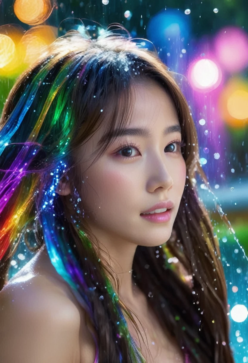 Dancing water columns of a fountain、A rainbow of sparkling light shines from the bottom of the water.,Beautiful rainbow-colored lights and various combinations of water columns,Water droplets are rainbow,Colorful spotlight effects,Create unique patterns,A cute, beautiful girl with long hair is looking back at the foreground:1.5,Her long hair sparkles and sways in the light.,Create a colorful scene,Detailed fantasy digital art,Highly detailed digital art in 4K,fantasy art action、High-quality images、Great shots:1.5,