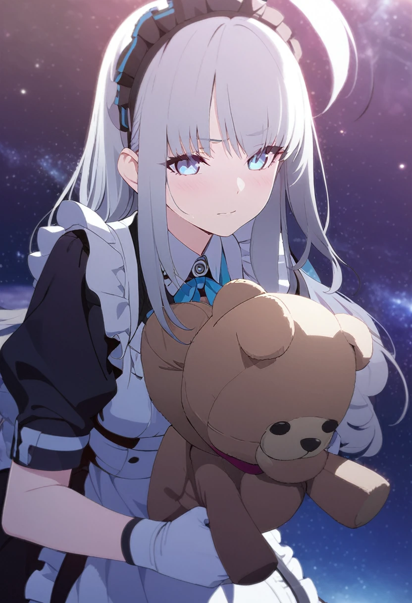 (((masterpiece))), (((best quality))),(((high detail))),light manipulation, girl with long silver hair, gradient purple to sky blue eyes, wearing a maid outfit, galaxy background, holding a teddy bear, feet, no footwear, straight face, standing, close up