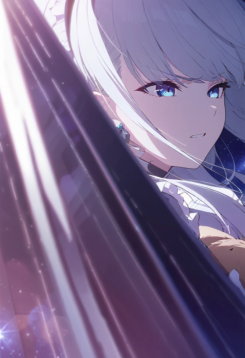 (((masterpiece))), (((best quality))),(((high detail))),light manipulation, girl with long silver hair, gradient purple to sky blue eyes, wearing a maid outfit, galaxy background, holding a teddy bear, feet, no footwear, straight face, standing, close up