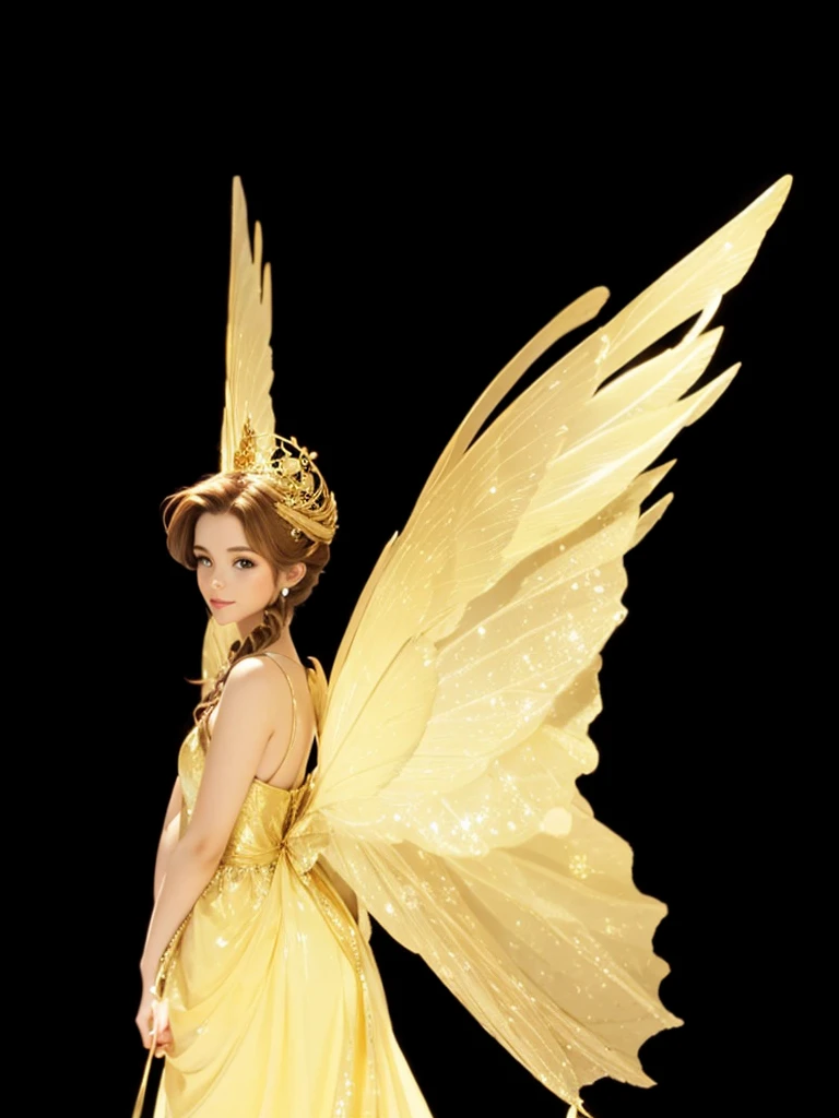A beautiful fairy queen, in a golden dress, with golden wing, tied brown hair