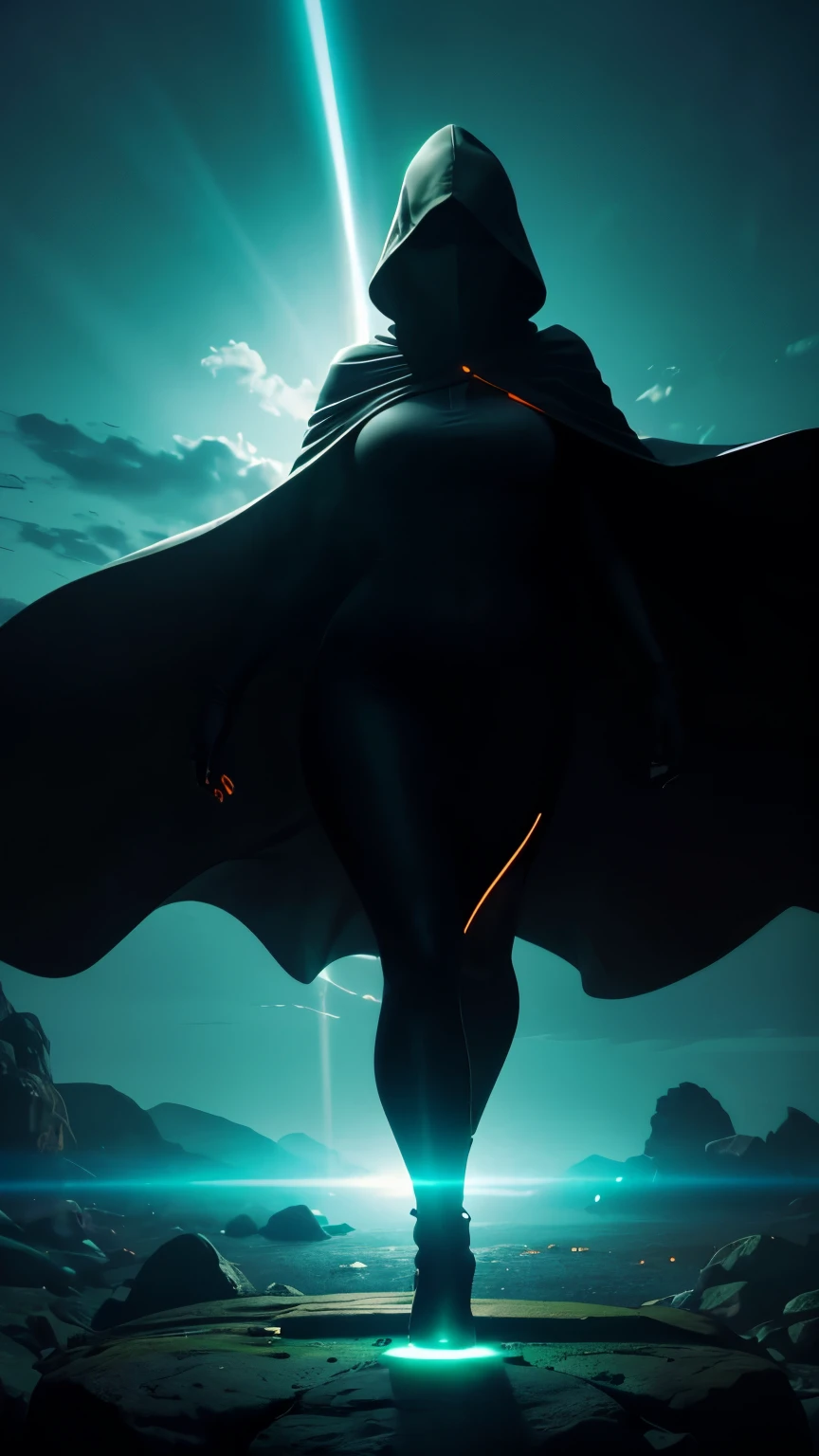 A full-body silhouette of a curvy woman levitating powerfully, backlit by an orange glow. Her arms are extended, with green light emanating from her hands. She wears a cloak and hood that conceals her face. The entire figure is black, highlighted by the orange backlight for a mystical appearance
