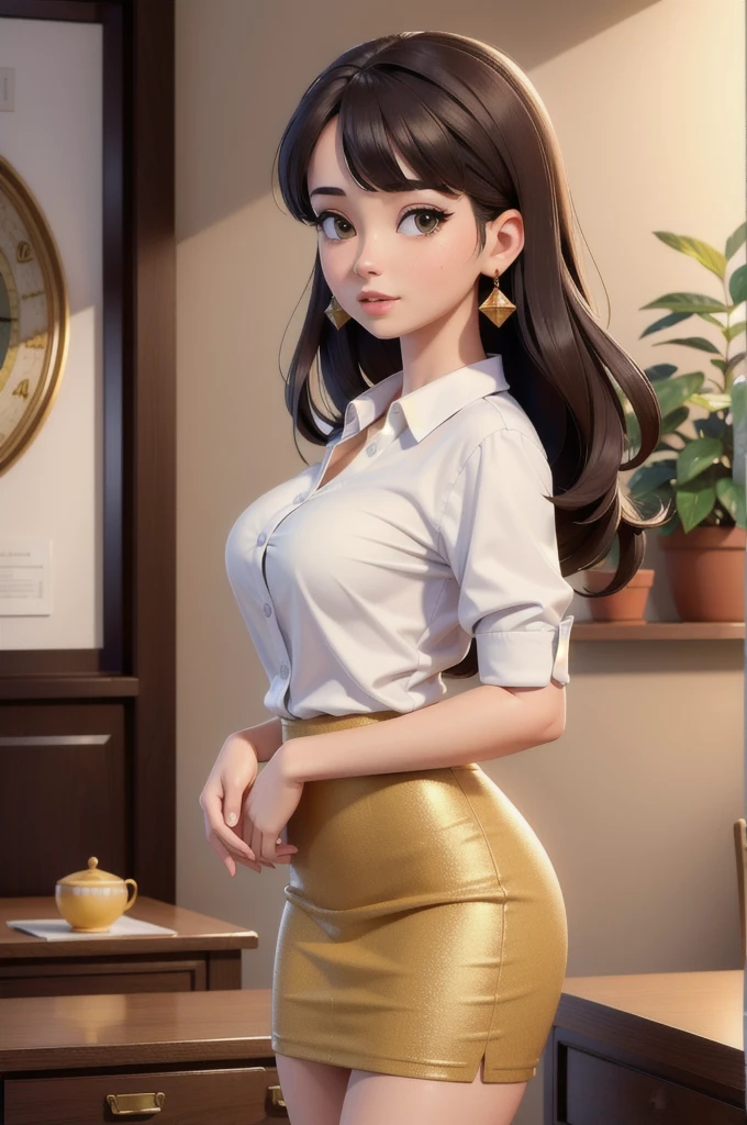 (masterpiece,best quality:1.5),ultra realistic,32k,RAW photo,(high detailed skin:1.2), 8k uhd, dslr, soft lighting, high quality, film grain,50mm ,(),ð, pencil skirt , shirt ,pretty lady , royal style, gold accessories,
