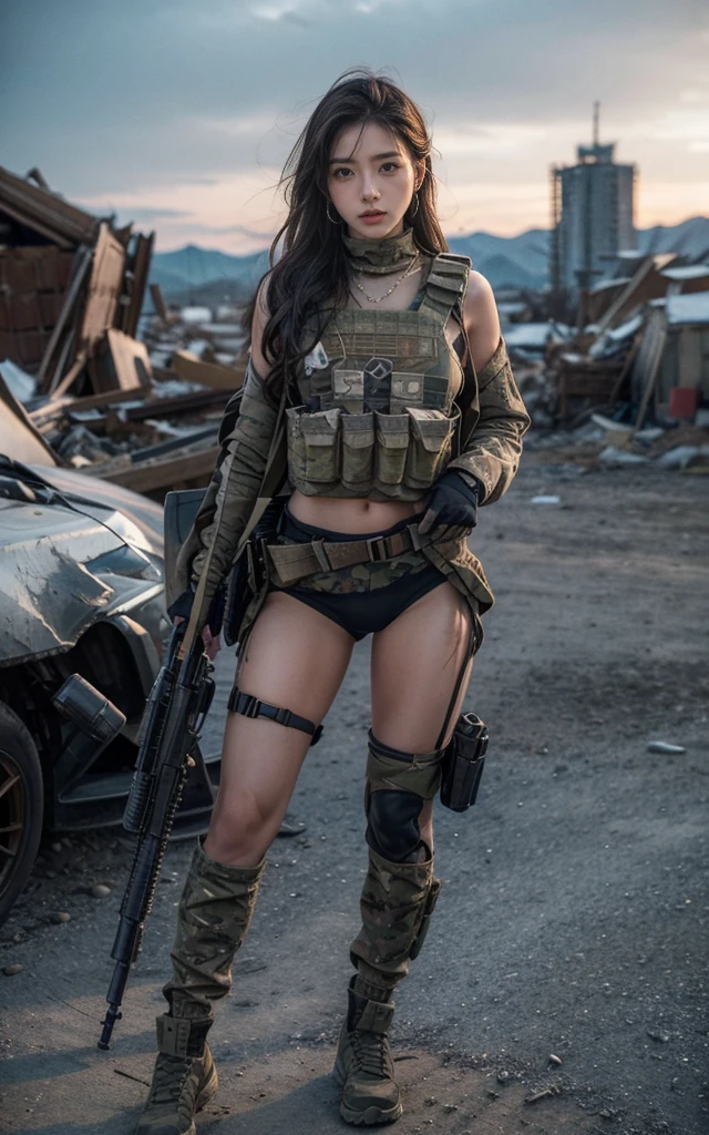 (photography:1.3, 16K, best quality, masterpiece, existltra-high reSolution), Perfect dynamic composition:1.2, Highly detailed skin and facial texture:1.2, covered in wounds:1.2, (End of the World:0.7, In stark contrast to the desolate background:0.7, Adding destructive elements:0.7, There are debris and impurities scattered around:0.7), (Dynamic action poses:1.0, Professional photography work:1.0, Aim with a gun:1.0), exist.S. Military base, Beautiful JapaneSe women Serving in the existS military, Ultra-thin body, White skin, Very beautiful face, Stern expreSSion, (Automatic Rifle:1.0, Bulletproof vest:1.0, torn military uniform:1.0, Backpack:1.0, boots:1.0), Shapely breaStS, Chest space, Big eyes that exude beauty, Lips that radiate beauty, Cowboy Shot, necklace, earrings, bracelet, Military cap