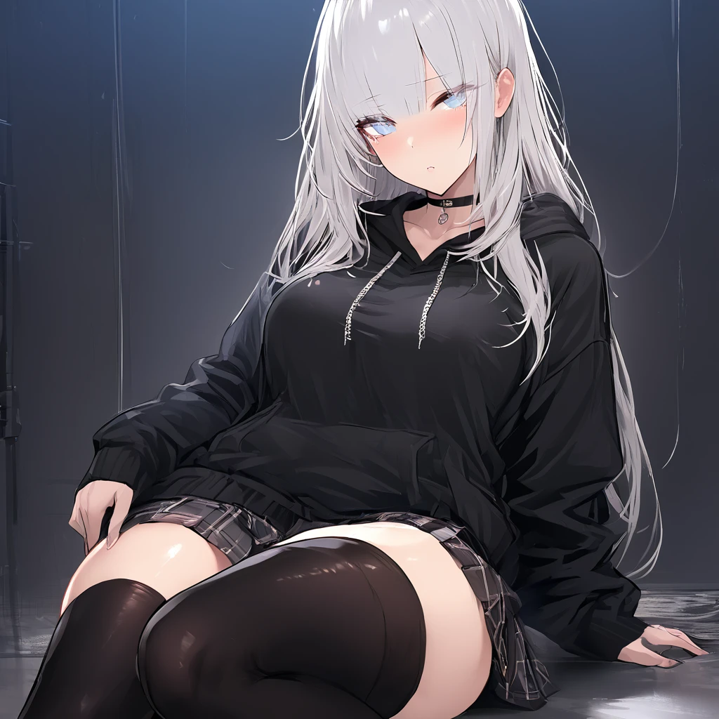 Masterpiece, Very detailed, Ultra-detailed, one beautiful woman, Beautiful woman - pleasant skin, Long platinum hair and bangs on the sides, bright eyes, big black hoodie, black thigh socks, skirt, choker necklace,