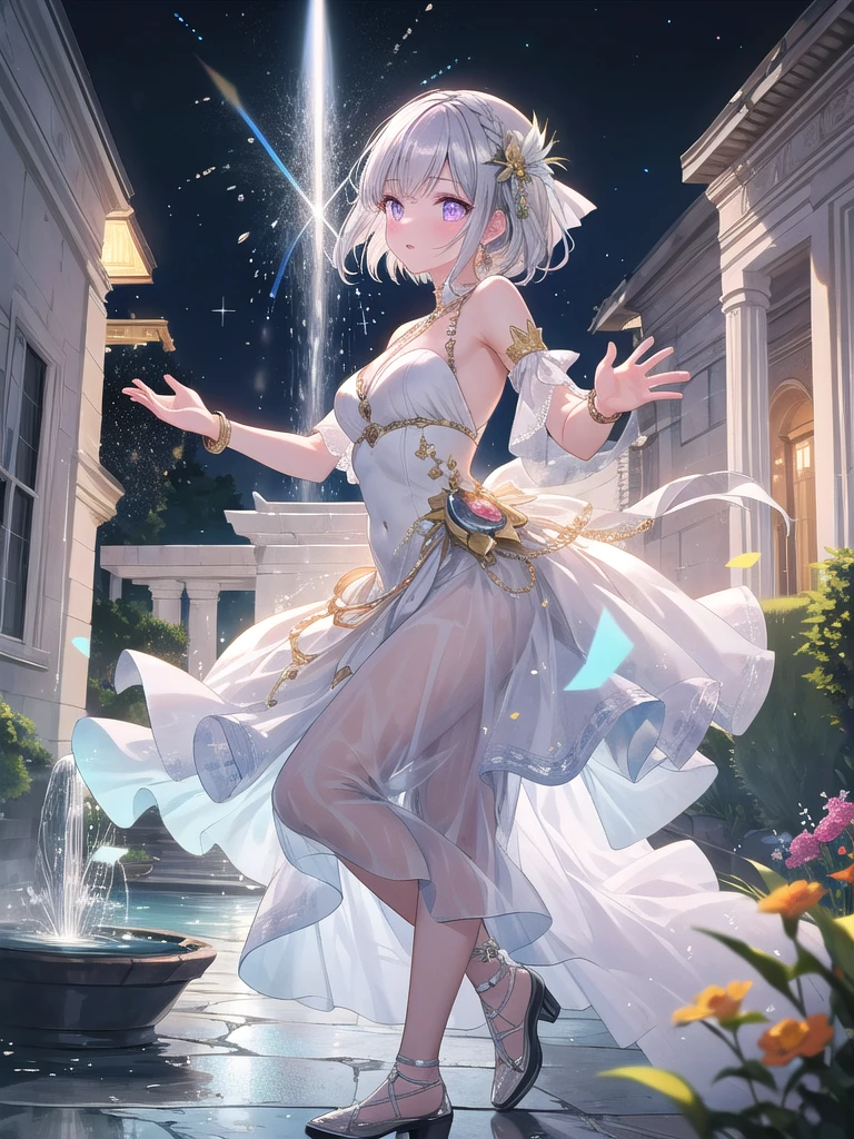 ((8k, best quality, master piece: 1.3)),super high resolution,(1 girl, solo), (colorshift eyes, hyperdetailed, expressive sparkling, glitter, glowing eyes), ultra detailed eyes, ultra-detailed face, random hair, ((pastel color)),A silver-haired woman is dancing in the courtyard of an ancient temple. She is wearing a luxurious silk dress embroidered with gold and red, and a beautiful garden and fountain are in the background. The dress shines brilliantly in the light. She is dancing, her silver bracelets sparkling on her arms. Magical lights surround her, illuminating the entire garden with a fantastical glow. Her braided silver hair sways with the movements of her dance, and her translucent skin reflects the light beautifully. Her eyes are a shining purple, and her magical powers are concentrated in her dance. Her graceful dancing figure is captivating, and she is painted to be one with the garden in the background, creating a fantastical atmosphere, A high-tech scene with silver light reflections bouncing off metallic surfaces. The main subject is surrounded by reflective objects that catch and scatter the light, creating a sleek and polished look. The lighting is bright and sharp, accentuating the modern and sophisticated elements of the scene.