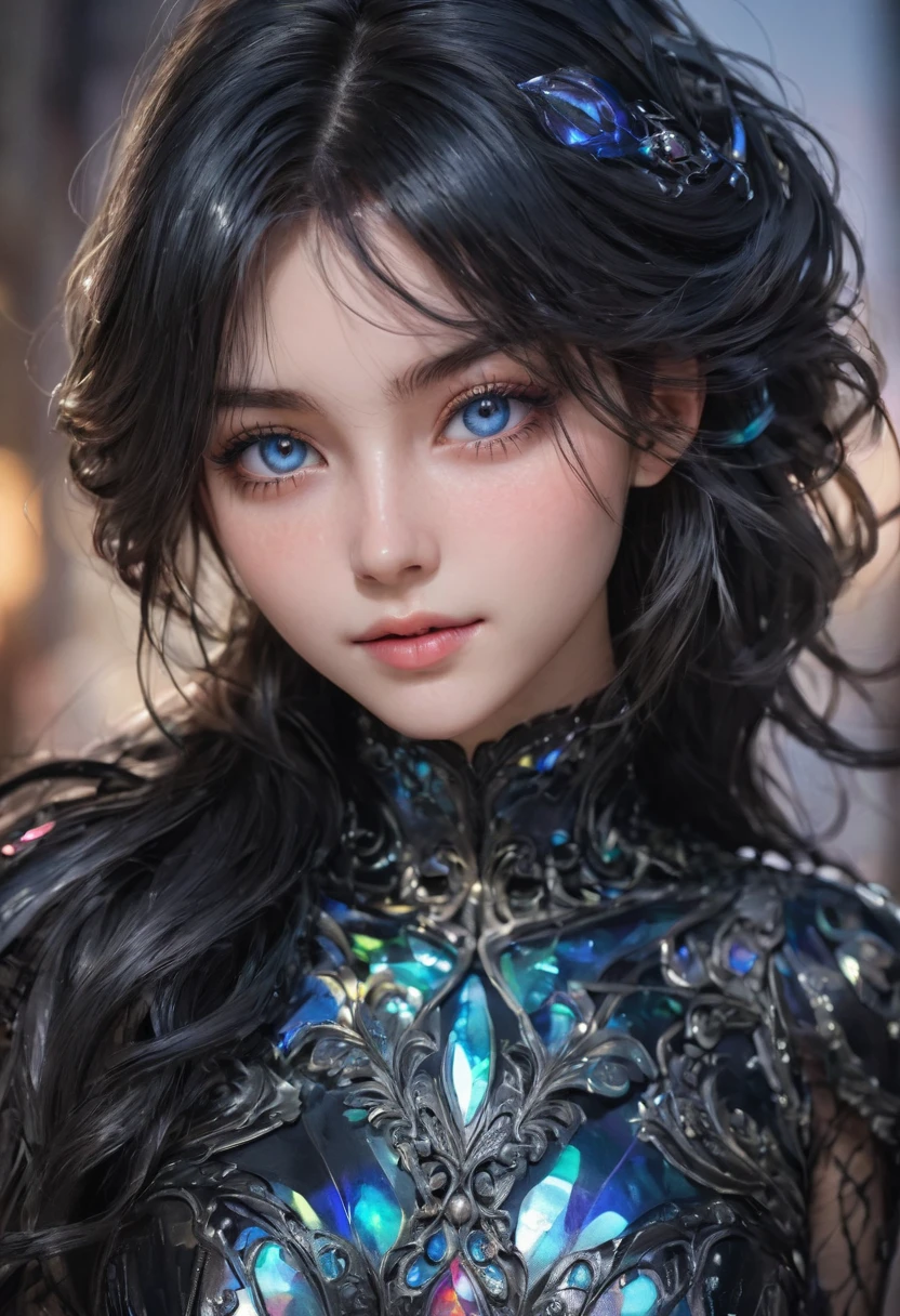 Une femme sublime d’une intense sensualité, Maginifique, cheveux longs de couleur noirs profond, ses yeux bleus ont l'image de holographic earth, eye-liner noir, regard intense et vif, inspire une grande confiance en elle, légé sourire, poitrine ronde et galbée effet push-up, robe en satin