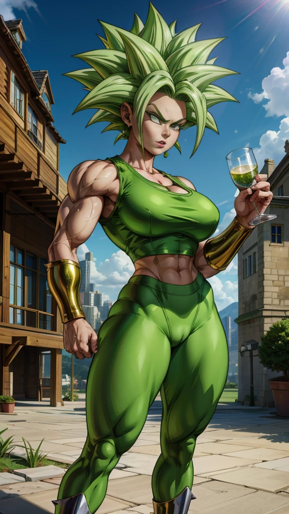 Muscular woman, with spiky green hair, white eyes, wearing a gym outfit, Kale Dragonball super, legendary super saiyan, green, with an erect penis volume showing on the clothes, Holding a glass full of Of a thick milk