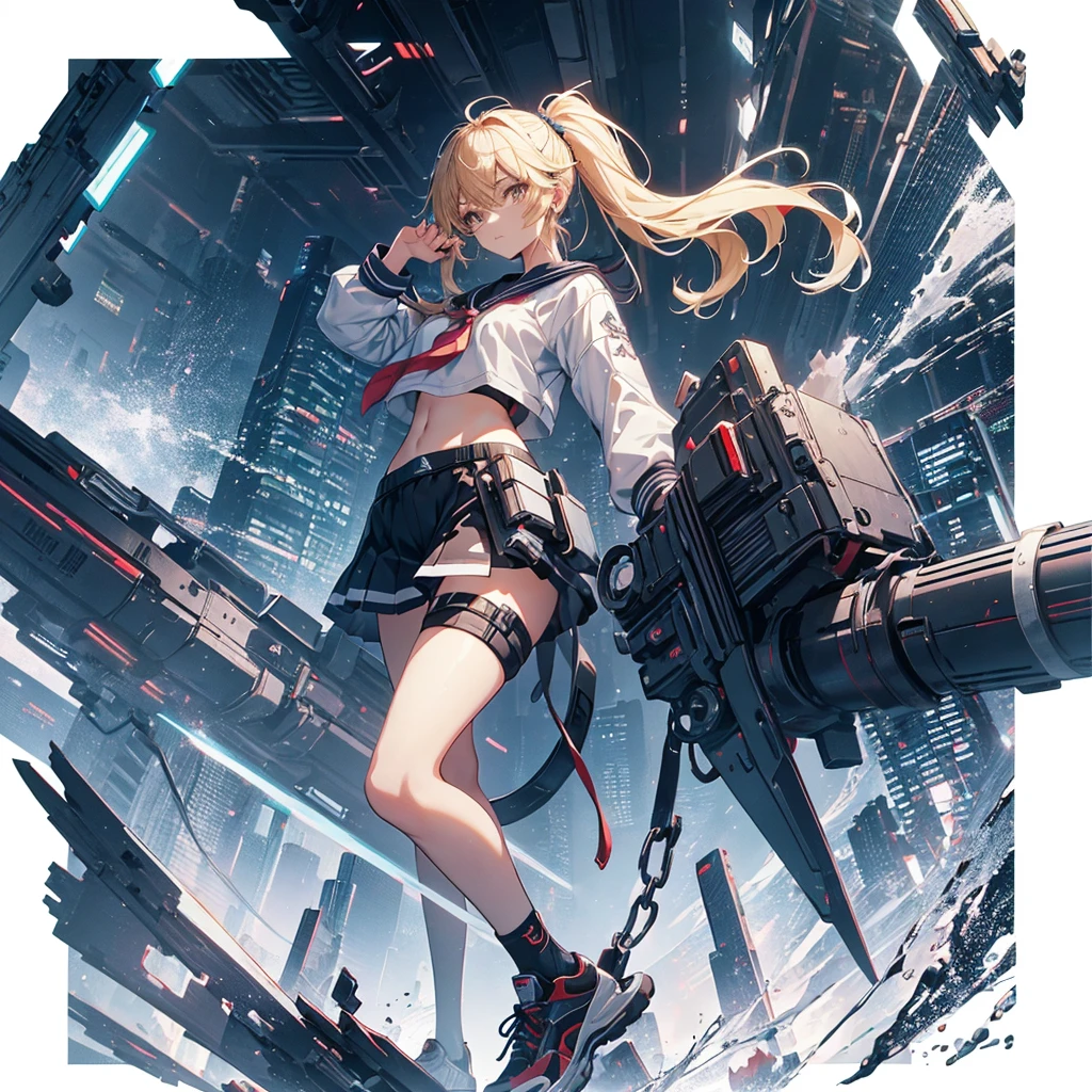 (Tabletop, Highest quality), (Perfect athletic body:1.2), (Fine hair), Very detailed, Anime Style, whole body, alone, cyberpunk sailor girl, with a huge anchor, shaped teeth, Black Hair, Blonde Eyes, Wearing sneakers, Standing in the Wilderness, 8K high resolution, White Background, whole body,