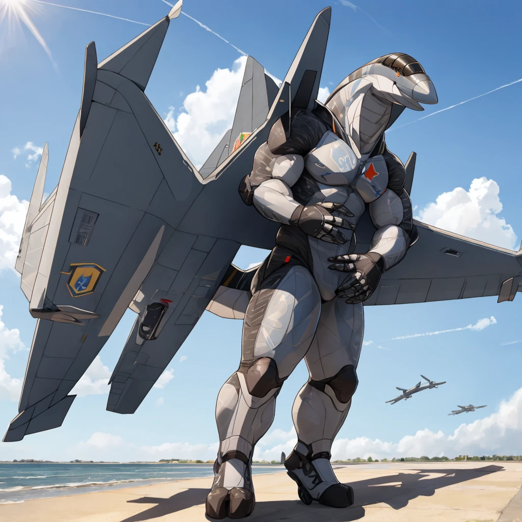 Aeromorph, male, eurofighter typhoon, black sclera, white pupils, plane wings, plane tail, grey body, posing, sunny day, alone, 