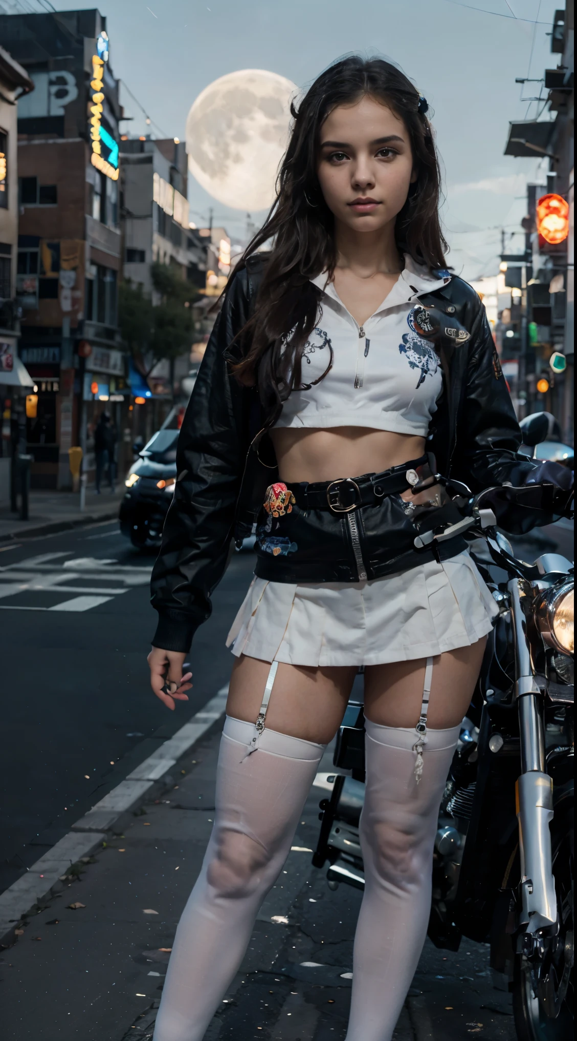 17-year-old Waifu  posando na frente de uma motocicleta futurista, the motorcycle has skulls and blue flames highly detailed 3D graphics, night scenery with full moon in the background, she is wearing a White SchoolUniform with 3D skulls and flames and Sailor Miniskirt, Pantyhose, HDR, epic realism, high-octane rendering, obra de arte,