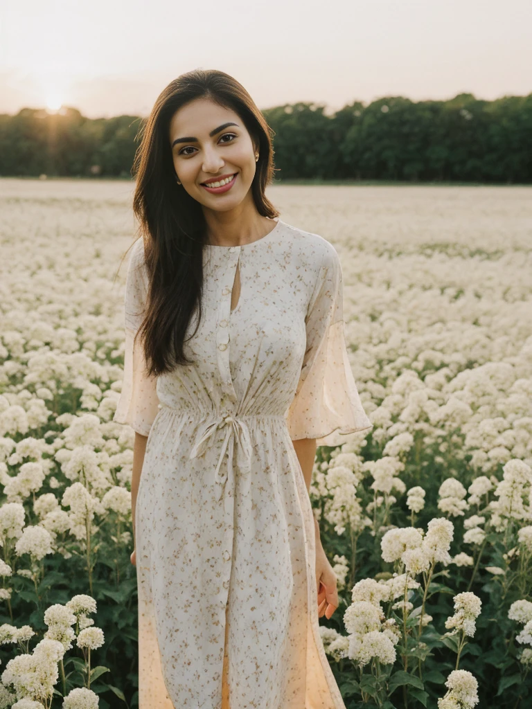 Noura, 1girl, solo, ((Qatari woman)), consistent face and body, ((MILF)), ((30 years old)), (mature), ((slim)), ((Qatari face)), (Qatari nose), (Qatari lips), ((long cranky hair)), upper body and upper legs, (background: city flower field at sunset), BREAK, (wearing light-cream printed Flare Dress), smirking, teasing
