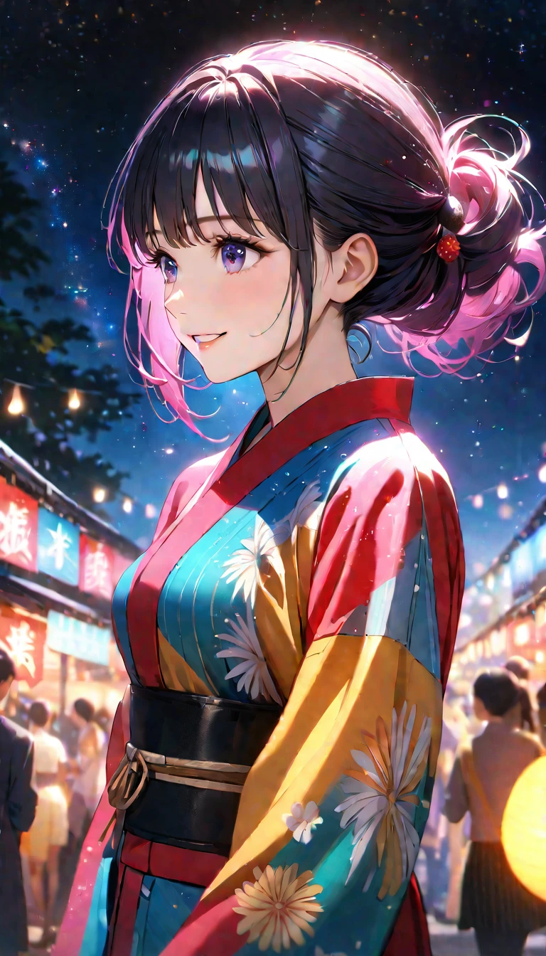 Young woman enjoying the summer festival,night, Starry Sky,yukata,Gazing at the sky,high school girl,smile,Glitter effect,Highest quality, 8k, High resolution, masterpiece:1.2, Very detailed, Realistic:1.37, High resolution, 超High resolution, Ultra-fine painting, Very detailed, Professional, Vibrant colors