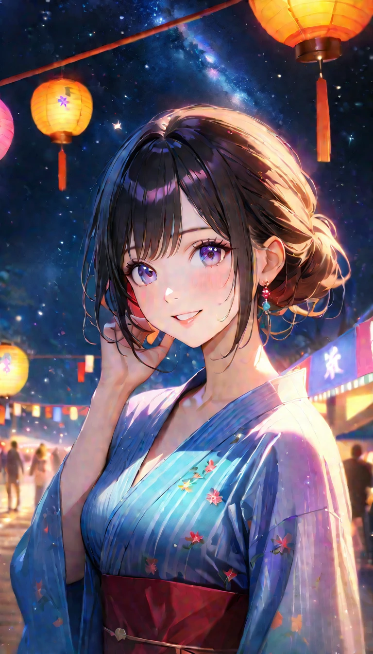Young woman enjoying the summer festival,night, Starry Sky,yukata,Gazing at the sky,high school girl,smile,Glitter effect,Highest quality, 8k, High resolution, masterpiece:1.2, Very detailed, Realistic:1.37, High resolution, 超High resolution, Ultra-fine painting, Very detailed, Professional, Vibrant colors