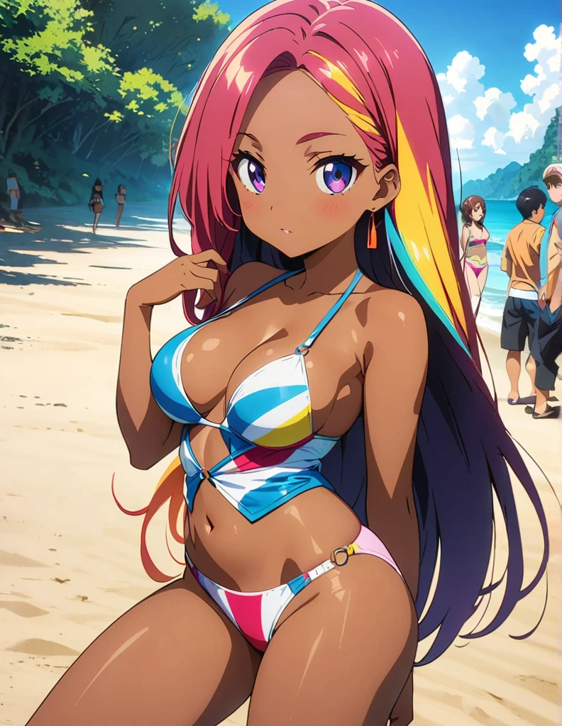(anime artwork, anime style, studio anime, very detailed, up to date, vibrant, Anime Coloring, high contrast, masterpiece:1.2, best quality, best aesthetics),2 girl,hug from behind,bikini, Medium chest, A glimpse of thighs,random hair, One eye is hidden by the bangs, perfect proportions, high detail skin, Cute, detailed faces,beach, precise fingers,curvy,swim suits  crowd, dark skin,cocoa skin, swim suit tanned,full body 