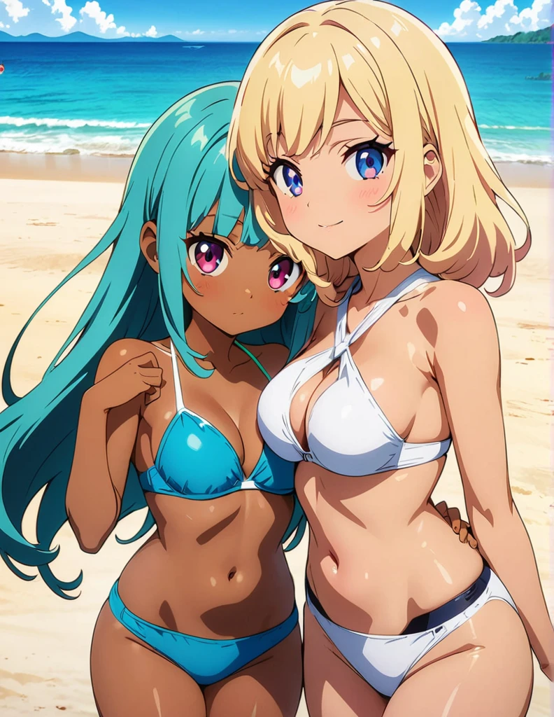 (anime artwork, anime style, studio anime, very detailed, up to date, vibrant, Anime Coloring, high contrast, masterpiece:1.2, best quality, best aesthetics),2 girl,hug from behind,bikini, Medium chest, A glimpse of thighs,random hair, One eye is hidden by the bangs, perfect proportions, high detail skin, Cute, detailed faces,beach, precise fingers,curvy,swim suits  crowd, dark skin,cocoa skin, swim suit tanned,full body 