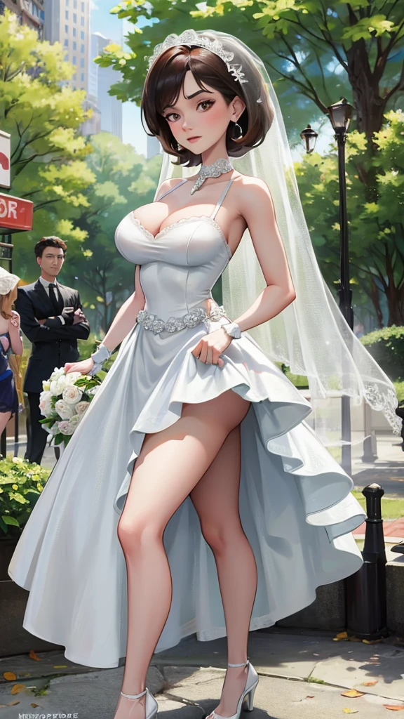 Helen Parr with huge breasts in a micro bra and lace wedding dress with veil and bouquet in a park in New York