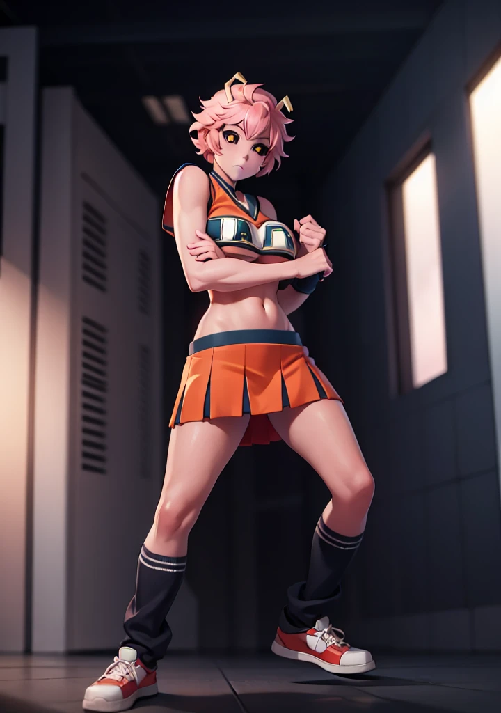 mina ashido, 1girl, solo, looking at viewer, short hair, simple background, yellow eyes, pink hair, horns, colored skin, colored sclera, black sclera, pink skin, U.A. CheerUniform, orange skirt, cheerleader, ((bare belly)), perfect shading, bare shoulders, big breasts