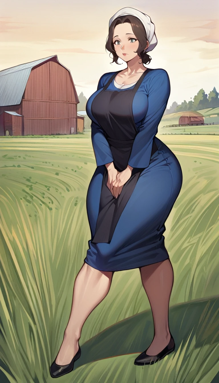 1woman, mature adult amish woman, 40 years old, pale skin, long sleeved blue dress with exposed collarbone, she wears small black apron over her blue dress, full body shown, very short brown hair, forehead exposed, big forehead, white bonnet kapp that covers a majority of her hair, wide hips, thick thighs, wearing simple black flats, thick legs, slightly below the knee dress, slight face wrinkles, tight sleeves, standing upright in a farm field, no makeup, hands on lap, side view, aged face, busty, rosy cheeks