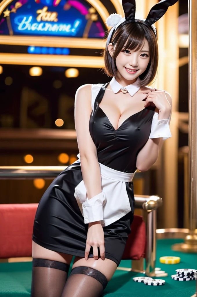 Realistic、A bunny girl in a maid outfit with black ears:1.5，Wearing only black tights:1.5，The best smile:1.5，Full Body Shot:1.5，Casino Background:1.5，Wearing black high heels:1.5，Side Wave Shorthair:1.5，She is leaning forward to emphasize her large chest.，nsfw，