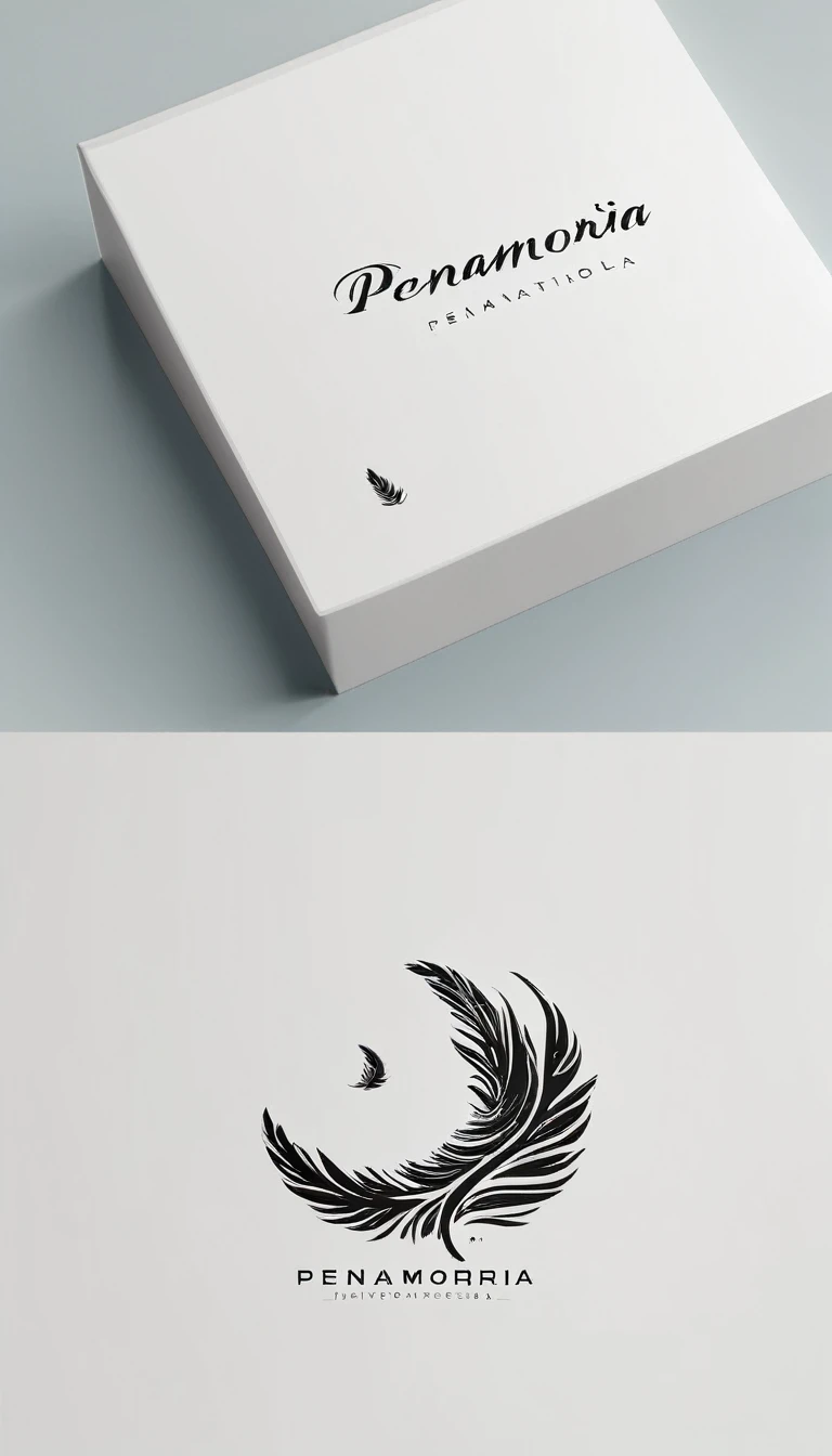 A minimal, modern, simple, cinematic logo design for the brand “Penamemoria". Create a modern, minimalistic, high-quality, logo of a feather that convey a sense of memories and dreams