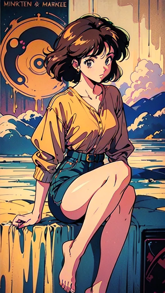 (80's, Retro, Poster:1.5), (masterpiece, 最high quality), (anime, figure), (pastel colour:1.4), Best Photo Poses, Dynamic Angle, high quality, High resolution, Attention to detail, Haruka is short, Shiny long black hair, Sharp brown eyes behind glasses, calm attitude. She is often seen looking immaculate in her .。, Humble, above knees picture 80’s anime vintage style, Brown background
