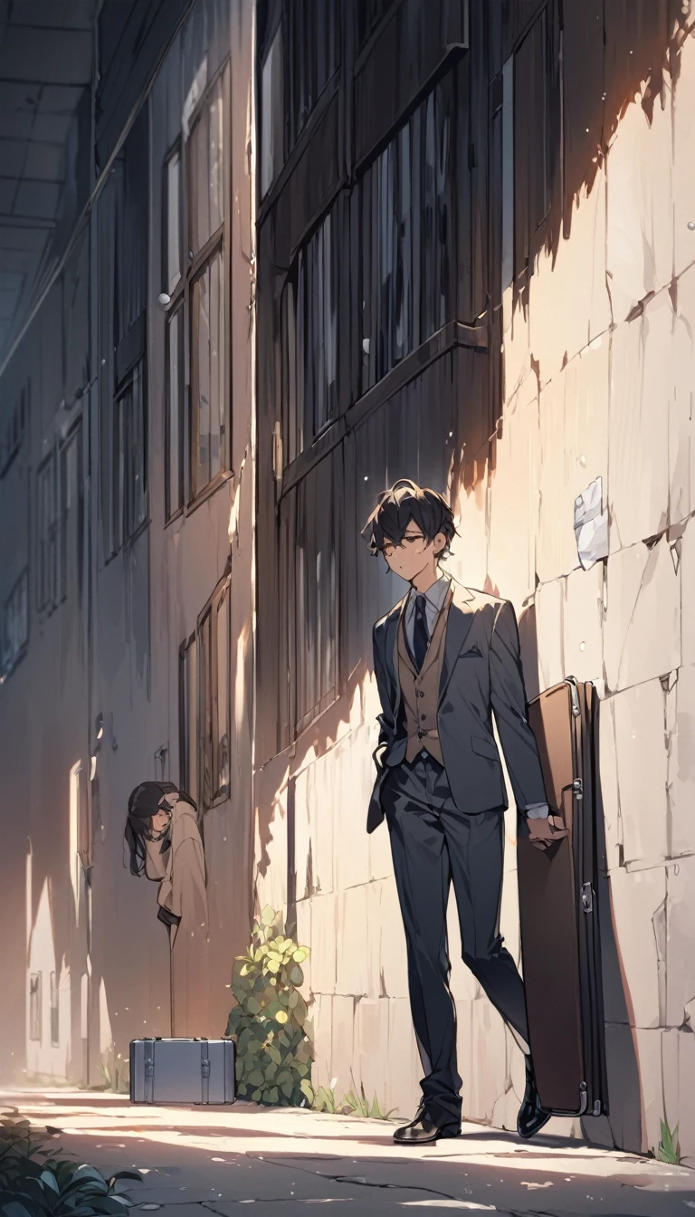 A boy in a suit leaned against the wall and cried，Outside the wall, a woman is walking away with a suitcase