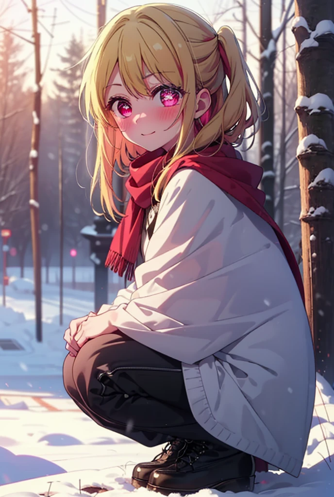 rubyhoshino, Hoshino Ruby, Long Hair, bangs, blonde, (Pink Eyes:1.3), Side Lock, (Symbol-shaped pupil:1.5), Multicolored Hair, Two-tone hair, smile,,smile,blush,white breath,
Open your mouth,snow,Ground bonfire, Outdoor, boots, snowing, From the side, wood, suitcase, Cape, Blurred, , forest, White handbag, nature, Squat, Mouth closed, Cape, winter, Written boundary depth, Black shoes, red Cape break looking at viewer, Upper Body, whole body, break Outdoor, forest, nature, break (masterpiece:1.2), Highest quality, High resolution, unity 8k wallpaper, (shape:0.8), (Beautiful and beautiful eyes:1.6), Highly detailed face, Perfect lighting, Highly detailed CG, (Perfect hands, Perfect Anatomy),