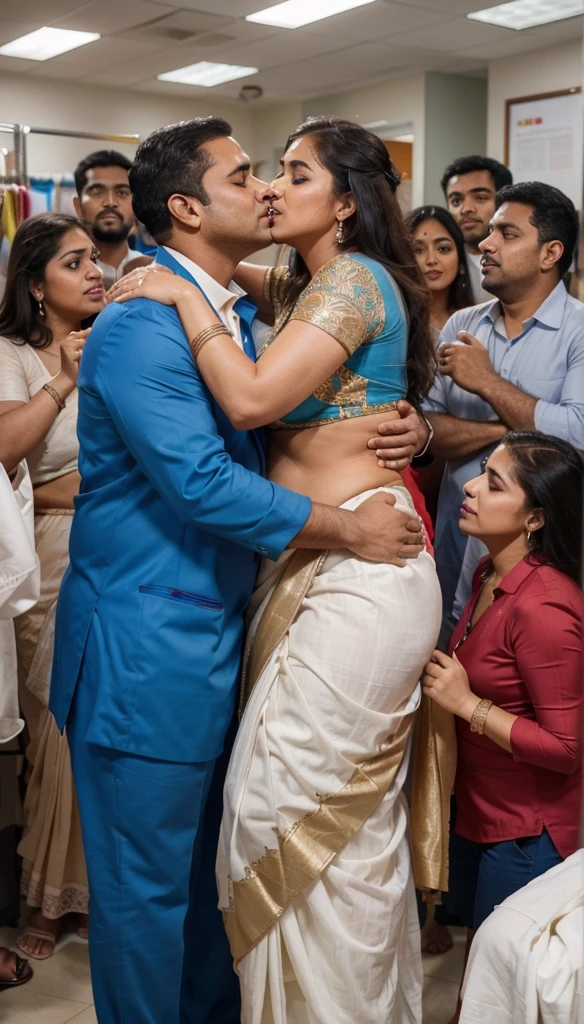 a 50-year-old shirtless man affectionately hugging and kissing aradiant, full-figured South Indian plus-sized 30 year old teacher wearing a off white silky saree in dressing room, captured in a full-body image with vibrant hues and meticulous details. Full body image