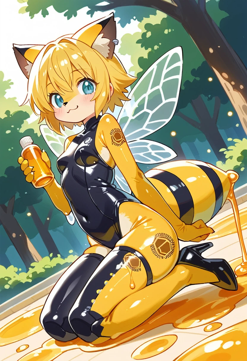 Highest quality, Highest quality, High quality illustrations, masterpiece, Ultra-high resolution, Detailed Background, honeycomb, in the forest, Absurd, Perfect Anatomy, performance, Good lighting, Shadows in the movies(kemono, Furry PersonifiCation), Cat, bee, Honey Skin, Honey Latex, Rubber Suit, Honey Latexスーツ, Honey Lotion, beeスーツ, beeのコスチューム, beeのコスプレ, ゴム製のbeeのしっぽ, beeの羽, Bee wings, Honey Pool, Honey Lotionを浴びている, Covered entirely in honey slime, Kneeling, Tattoo, cyber punk, High heels, cyber punk, Honey Rubber Mask, Dynamic Angle