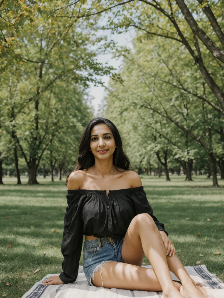 Noura, 1girl, solo, ((Qatari woman)), consistent face and body, ((MILF)), ((30 years old)), (mature), ((slim)), ((Qatari face)), (Qatari nose), (Qatari lips), ((long cranky hair)), upper body and upper legs, (background: overlooking park in Manitoba), BREAK, (wearing light-black off shoulder blouse and ripped shorts), smirking, picnic shoot