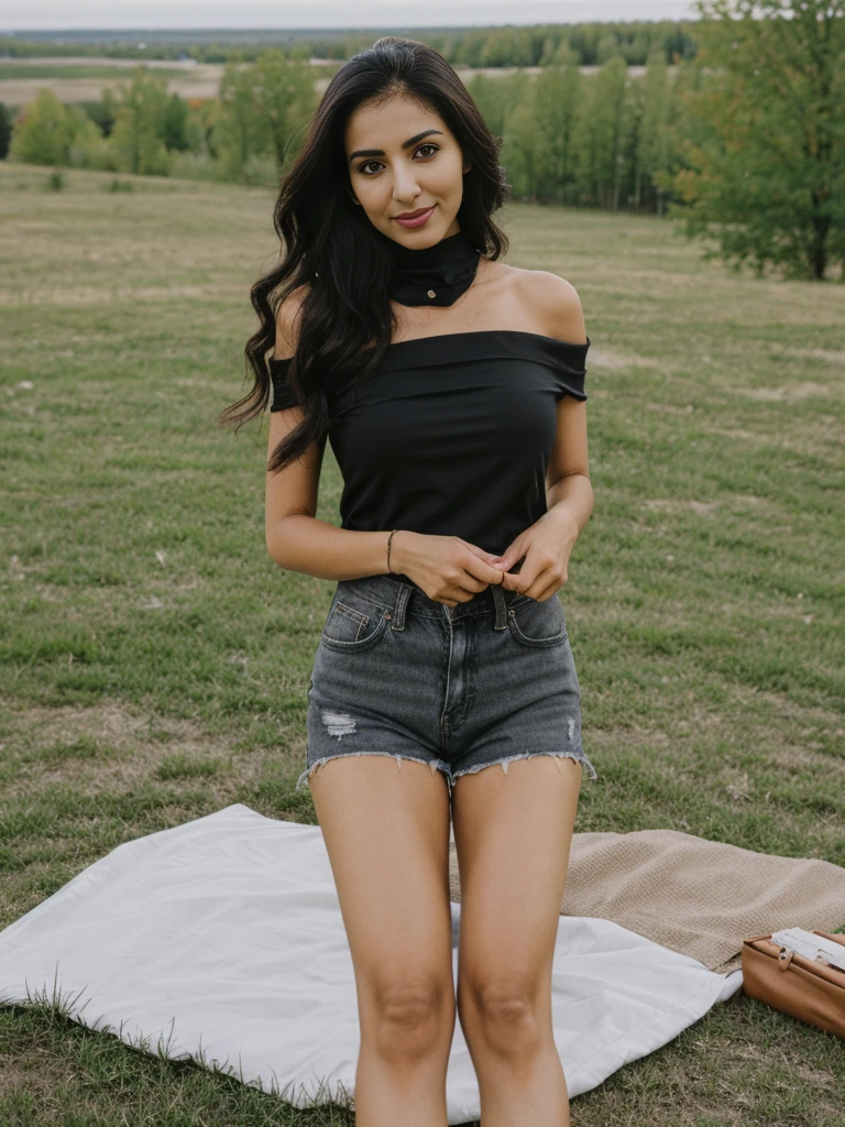 Noura, 1girl, solo, ((Qatari woman)), consistent face and body, ((MILF)), ((30 years old)), (mature), ((slim)), ((Qatari face)), (Qatari nose), (Qatari lips), ((long cranky hair)), upper body and upper legs, (background: overlooking eco-park in Manitoba), BREAK, (wearing light-black off shoulder blouse and ripped shorts), smirking, picnic shoot