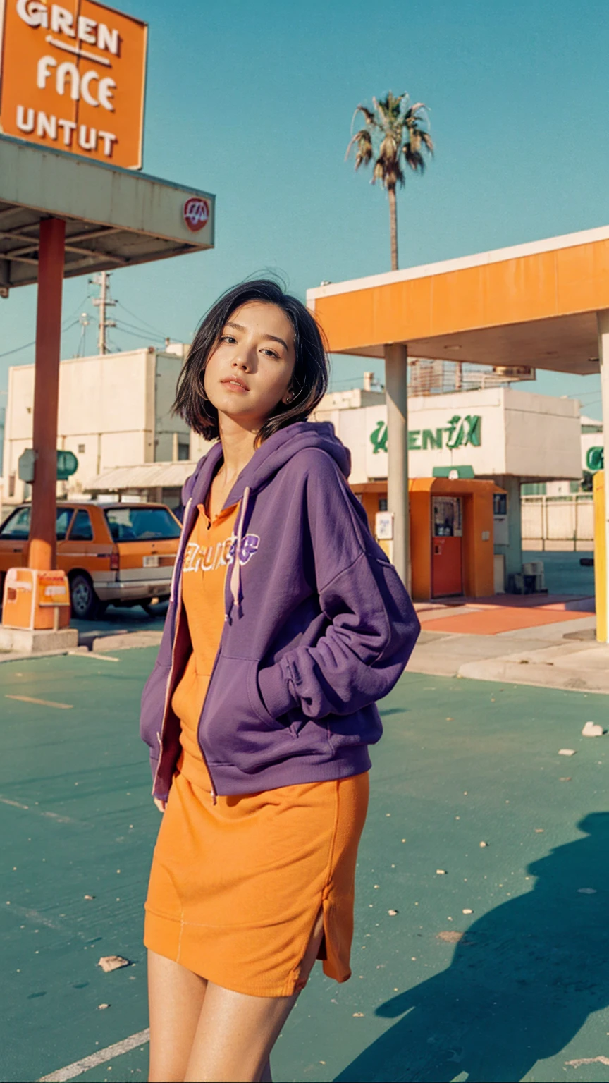 (medium shot portrait) of cute 23 yo girl ,wear ((orange color oversized_hoodie)), wear ((purple tennis skirt)),looking front,Best Quality,Masterpiece,Ultra High Resolution,(Realisticity:1.4),Original Photo, 1Girl, light leak,ultra high resolution,UHD,beautiful, (black straight hair), almond eye, no makeup, in front of ((80's green fuji color gas station)), (realistic:1.2), (surreal:1.3), (very detailed:1.1), ((masterpiece)),summer, blue sky, palm trees,sunny, los angles vibes,film camera, 800mm lens,