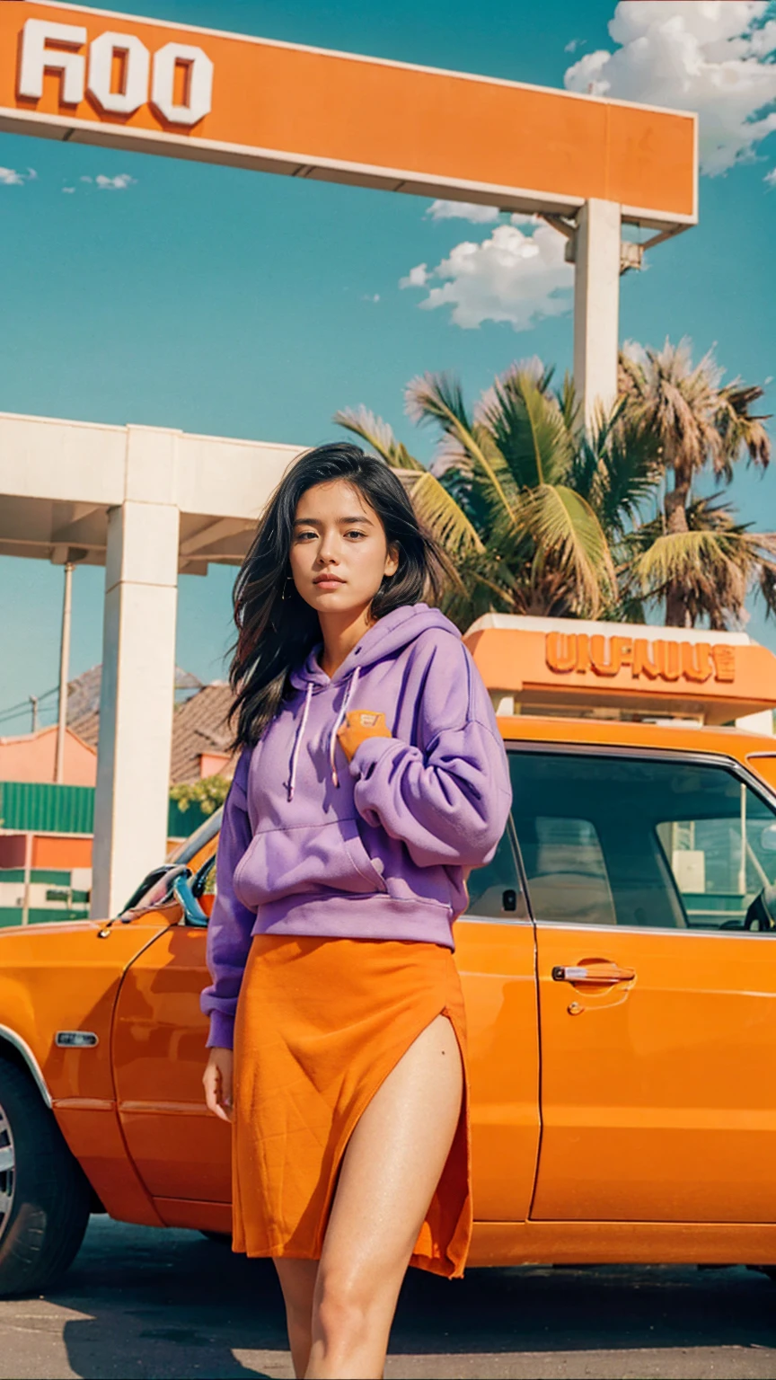 (medium shot portrait) of cute 23 yo girl ,wear ((orange color oversized_hoodie)), wear ((purple tennis skirt)),looking front,Best Quality,Masterpiece,Ultra High Resolution,(Realisticity:1.4),Original Photo, 1Girl, light leak,ultra high resolution,UHD,beautiful, (black straight hair), almond eye, no makeup, in front of ((80's green fuji color gas station)), (realistic:1.2), (surreal:1.3), (very detailed:1.1), ((masterpiece)),summer, blue sky, palm trees,sunny, los angles vibes,film camera, 800mm lens,