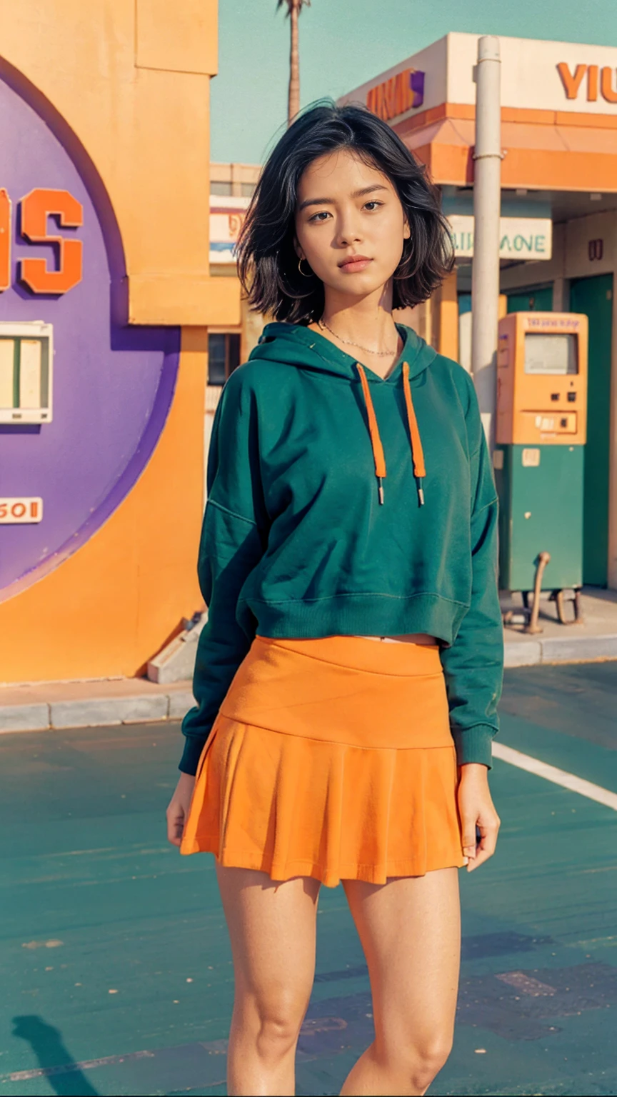 (medium shot portrait) of cute 23 yo girl ,wear ((orange color oversized_hoodie)), wear ((purple tennis skirt)),looking front,Best Quality,Masterpiece,Ultra High Resolution,(Realisticity:1.4),Original Photo, 1Girl, light leak,ultra high resolution,UHD,beautiful, (black straight hair), almond eye, no makeup, in front of ((80's green fuji color gas station)), (realistic:1.2), (surreal:1.3), (very detailed:1.1), ((masterpiece)),summer, blue sky, palm trees,sunny, los angles vibes,film camera, 800mm lens,