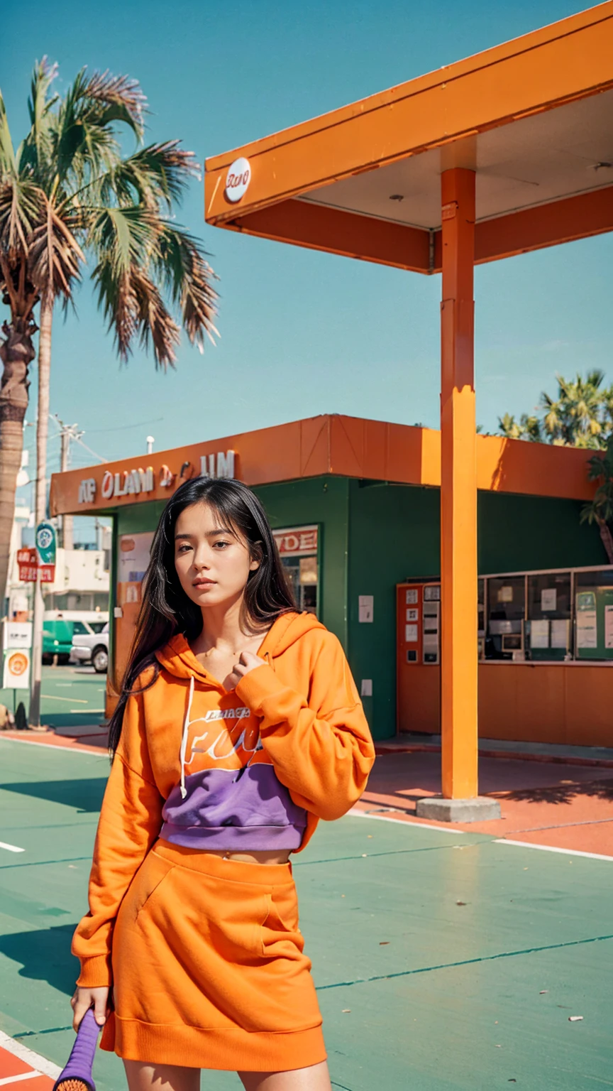 (medium shot portrait) of cute 23 yo girl ,wear ((orange color oversized_hoodie)), wear ((purple tennis skirt)),looking front,Best Quality,Masterpiece,Ultra High Resolution,(Realisticity:1.4),Original Photo, 1Girl, light leak,ultra high resolution,UHD,beautiful, (black straight hair), almond eye, no makeup, in front of ((80's green fuji color gas station)), (realistic:1.2), (surreal:1.3), (very detailed:1.1), ((masterpiece)),summer, blue sky, palm trees,sunny, los angles vibes,film camera, 800mm lens,