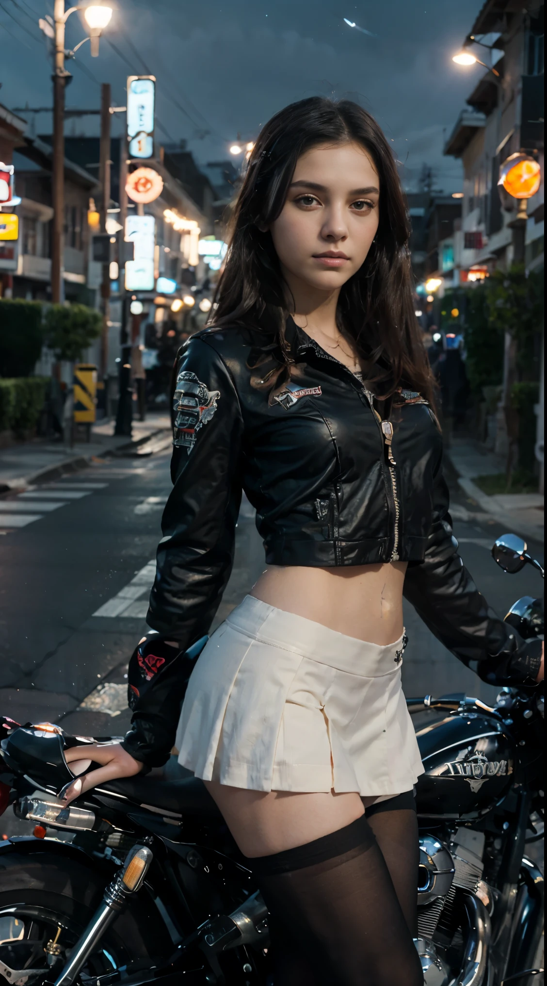 17-year-old Waifu  posando na frente de uma motocicleta futurista, the motorcycle has skulls and blue flames highly detailed 3D graphics, night scenery with full moon in the background, she is wearing a White SchoolUniform with 3D skulls and flames and Sailor Miniskirt, Pantyhose, HDR, epic realism, high-octane rendering, obra de arte,