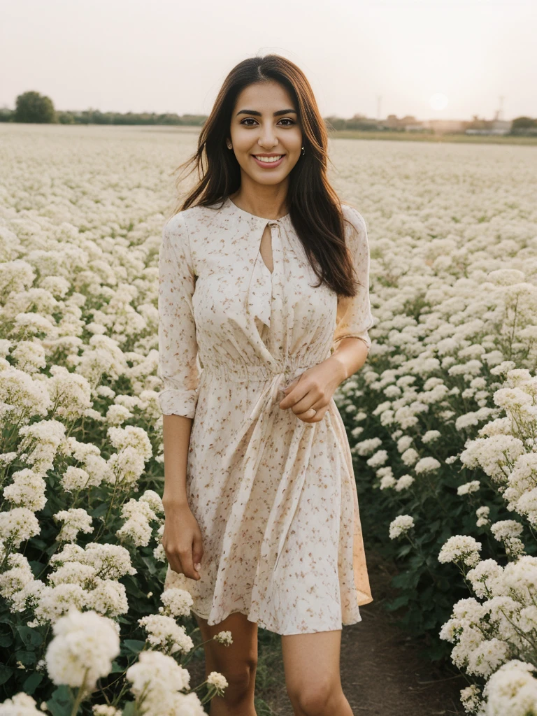 Noura, 1girl, solo, ((Qatari woman)), consistent face and body, ((MILF)), ((30 years old)), (mature), ((slim)), ((Qatari face)), (Qatari nose), (Qatari lips), ((cranky hair)), upper body and upper legs, (background: city flower field at sunset), BREAK, (wearing light-cream printed Flare Dress), smirking, teasing