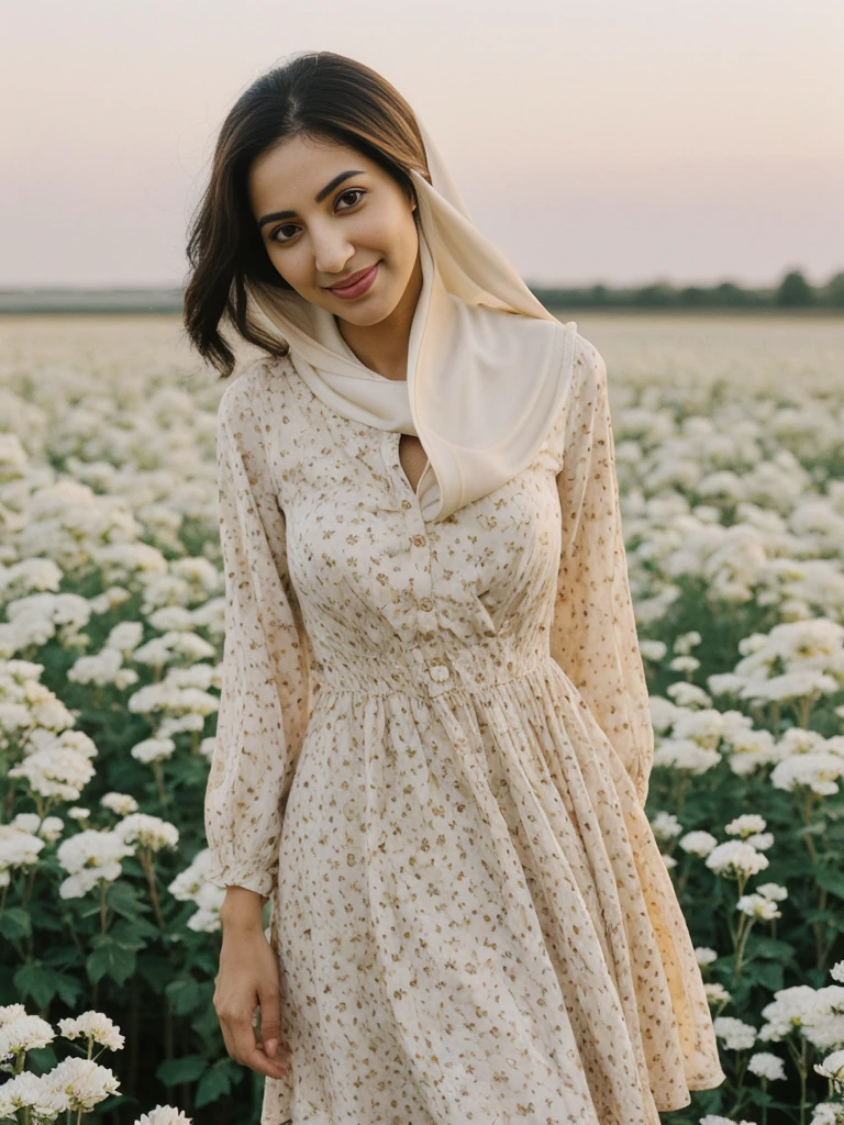 Noura, 1girl, solo, ((Qatari woman)), consistent face and body, ((MILF)), ((30 years old)), (mature), ((slim)), ((Qatari face)), (Qatari nose), (Qatari lips), ((cranky hair)), upper body and upper legs, (background: city flower field at sunset), BREAK, (wearing light-cream printed Flare Dress), smirking, teasing
