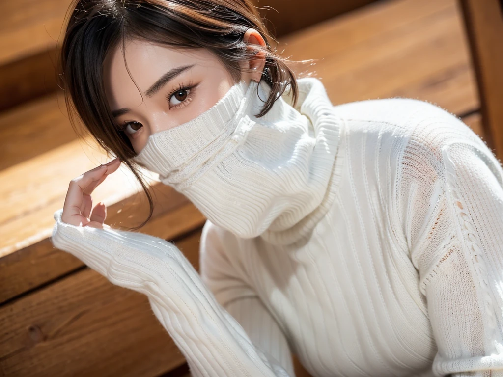 (((masterpiece, best quality,ultra-detailed,8k,high resolution))), (upper body),24 years old ,Japanese girl, 1girl, short hair, (Cover face with a turtleneck sweater:1.7),(grabbing turtleneck collar), 
((Half a face out of a sweater))